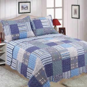 blue patchwork quilted check blue bedspread by restmor