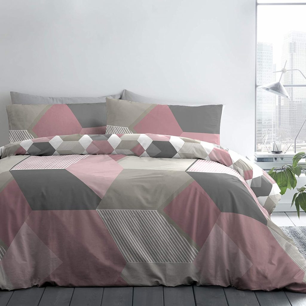 Hexagon Pink & Grey Duvet Cover Set by Fusion Bentley Priory Linens