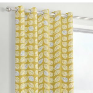 Delft Yellow Leaf Print Eyelet Curtains by Fusion