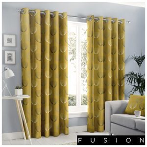 Delta Yellow Geometric Flower Print Eyelet Curtains