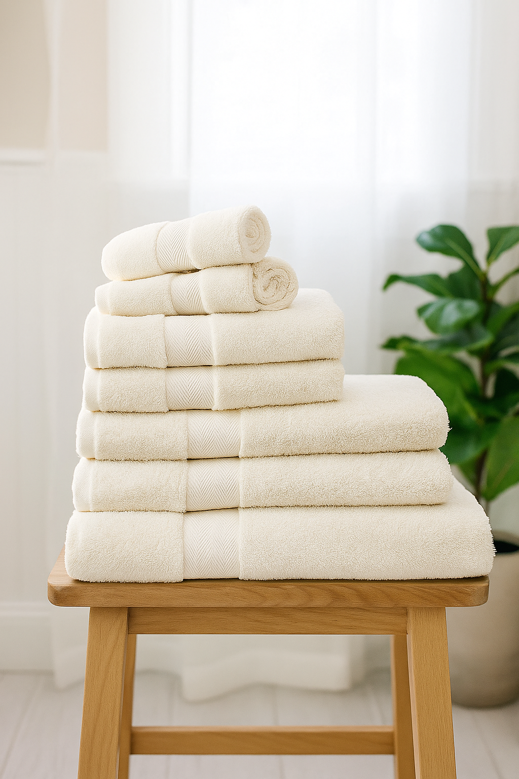 luxor cream bath towels face cloths hand towels and large bath sheets on wooden stool
