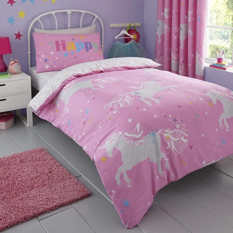 pink unicorn children bed cover set