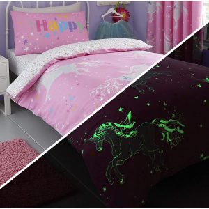 pink unicorn glowing kid's duvet cover sets bedlam