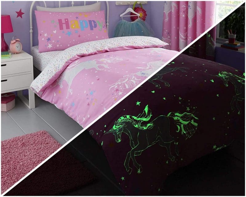pink unicorn glowing kid's duvet cover sets bedlam
