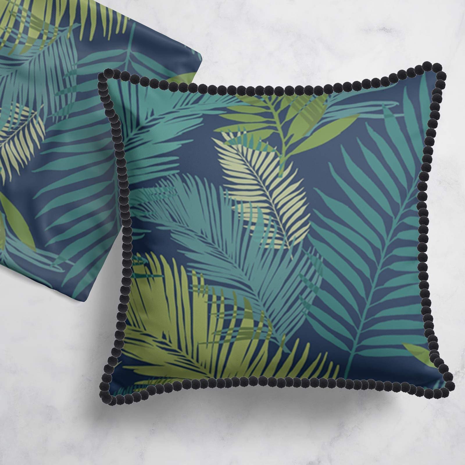 Set of 2 Teal Palm Leaf Pom Pom Cushion Covers, Pair of Tropical Design