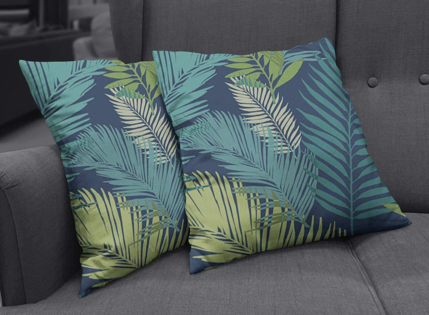 Set of 2 Teal Palm Leaf Pom Pom Cushion Covers, Pair of Tropical Design